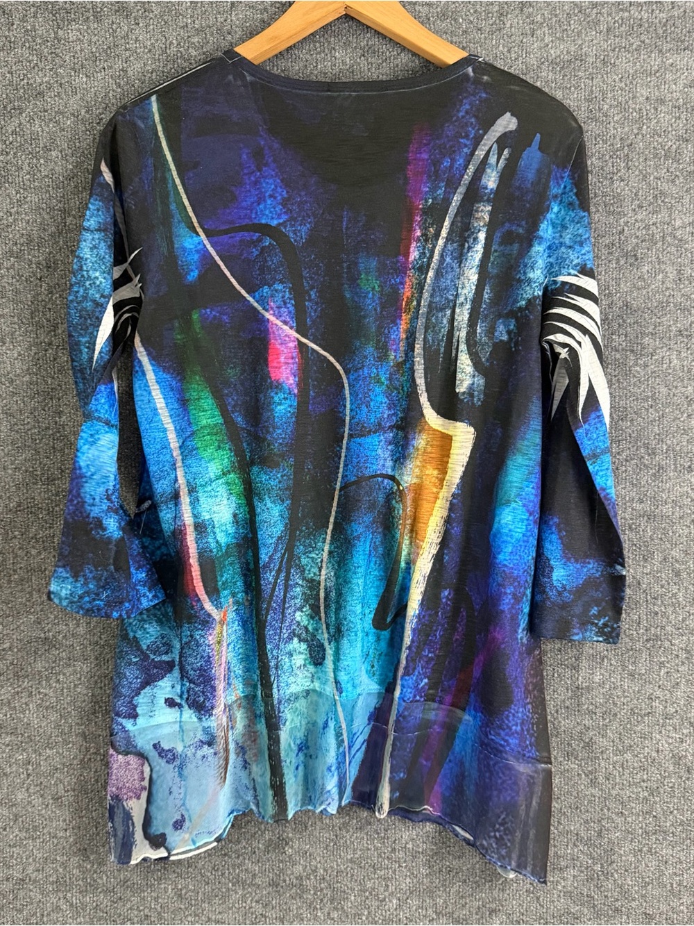 Jess & Jane Womens 3/4 Sleeve Artsy Top Multicolor Chiffon Hem Casual Medium - Picture 2 of 7